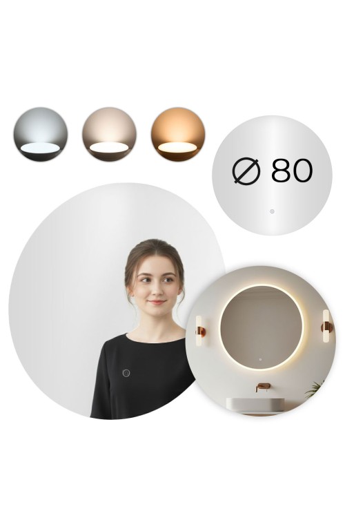 Lustro łazienkowe LED okrągłe ścienne 80 cm 3 barwy włącznik dotykowy ModernHome