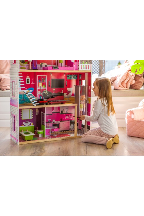 Duży drewniany domek z windą dla lalek - Rezydencja Malibu ECOTOYS
