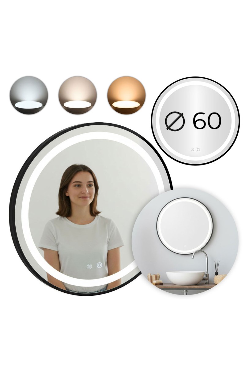 Lustro łazienkowe LED okrągłe ścienne 60 cm 3 barwy anti-fog włącznik dotykowy ModernHome