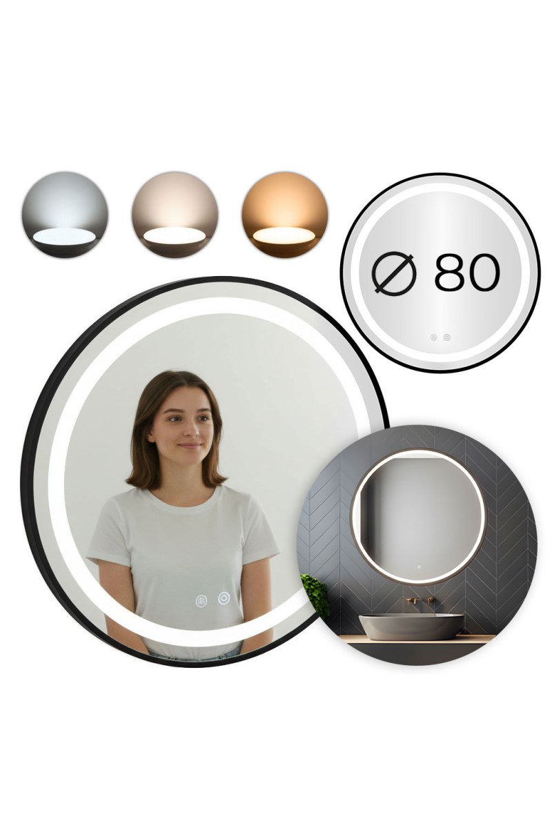 Lustro łazienkowe LED okrągłe ścienne 80 cm 3 barwy anti-fog włącznik dotykowy ModernHome