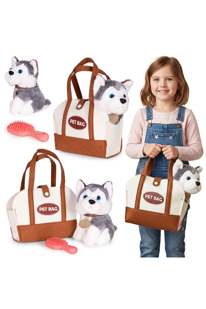 Pluszowy piesek w torebce husky maskotka dla dziecka + szczotka do pielęgnacji