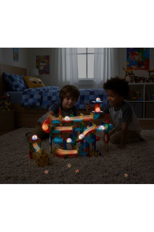 Klocki magnetyczne tor kulkowy LED klocki konstrukcyjne kulodrom 105 elementów