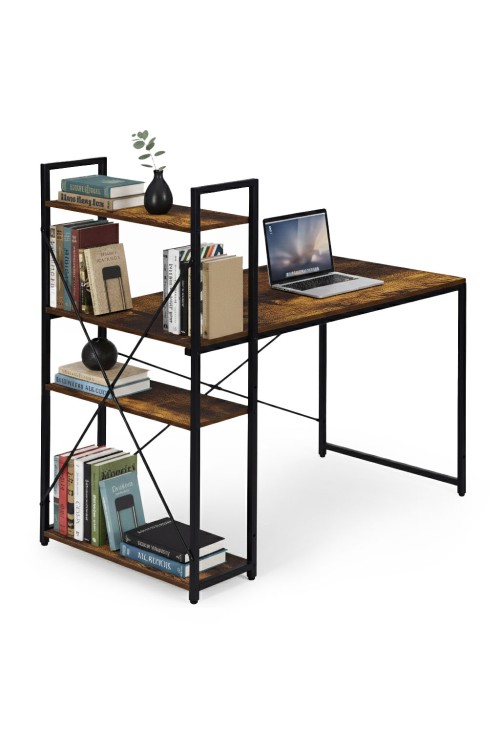 Biurko komputerowe szkolne 120x60 cm regał z 3 półkami postarzany orzech loft ModernHome