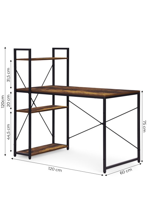 Biurko komputerowe szkolne 120x60 cm regał z 3 półkami postarzany orzech loft ModernHome