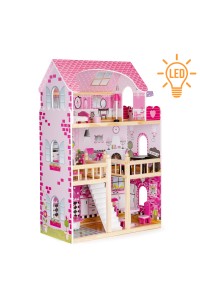 Drewniany domek dla lalek mebelki oświetlenie LED ECOTOYS