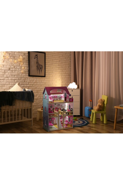 Drewniany domek dla lalek mebelki oświetlenie LED ECOTOYS