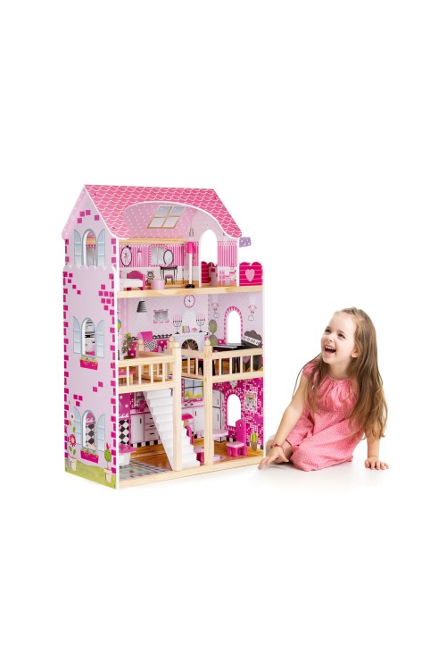 Drewniany domek dla lalek mebelki oświetlenie LED ECOTOYS