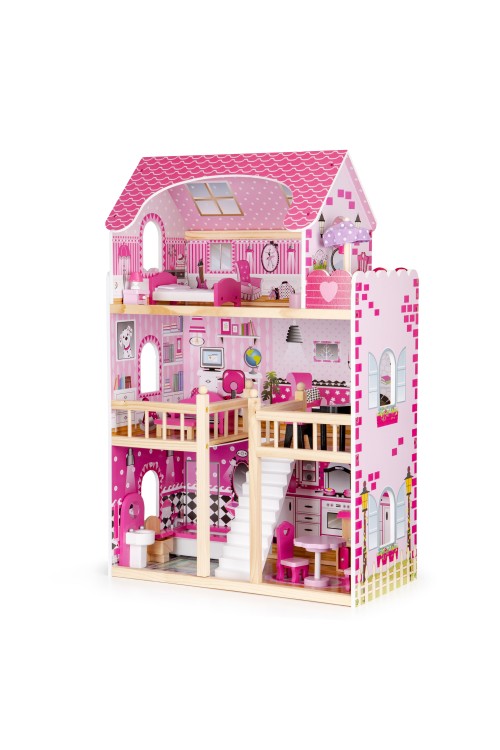 Drewniany domek dla lalek mebelki oświetlenie LED ECOTOYS