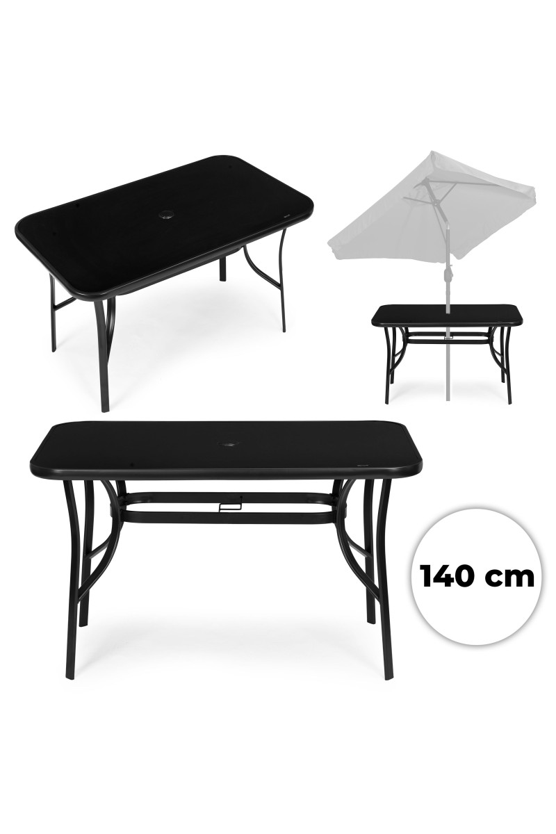 Stół ogrodowy 140x80 cm szkło hartowane otwór na parasol czarny MultiGarden
