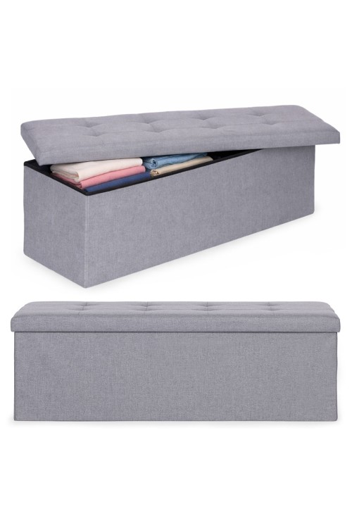 Pufa pikowana 111x38 cm ze schowkiem tapicerowana ława skrzynia jasnoszara ModernHome