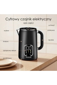 Czajnik elektryczny bezprzewodowy 1,7l smart z regulacją temperatury obrotowy czarny