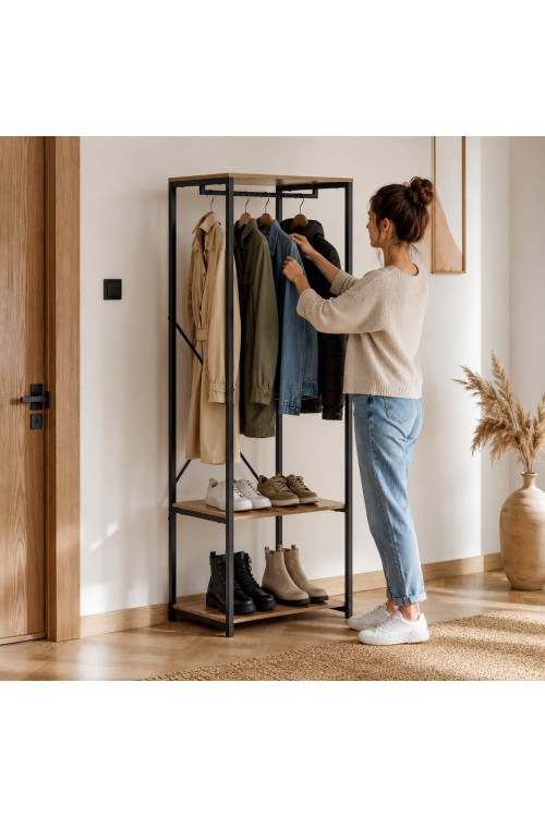 Wieszak stojący z pólkami do przedpokoju na ubrania buty loft jasny dąb ModernHome