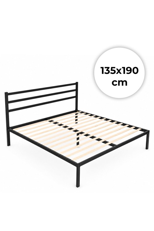 Łóżko metalowe 135x190 cm ze stelażem i zagłówkiem minimalistyczna czarna rama ModernHome