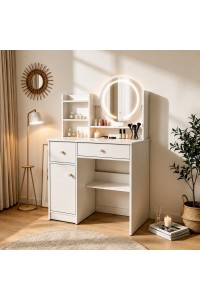 Toaletka kosmetyczna z okrągłym lustrem i oświetleniem LED 3 barwy półki szuflady ModernHome
