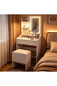 Toaletka kosmetyczna z lustrem i oświetleniem LED 3 barwy półki szuflada taboret ModernHome
