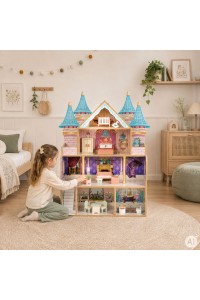Drewniany domek dla lalek zamek Bella 4 piętra 5 pomieszczeń 15 mebelków ECOTOYS