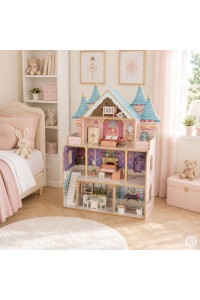 Drewniany domek dla lalek zamek Bella 4 piętra 5 pomieszczeń 15 mebelków ECOTOYS