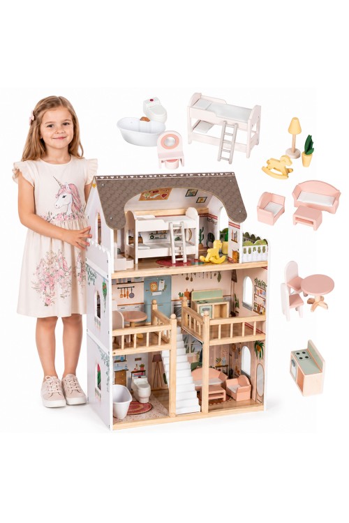 Drewniany domek dla lalek Laura 3 piętra 5 pomieszczeń 15 mebelków ECOTOYS