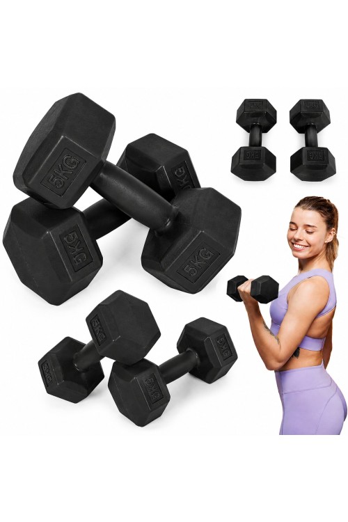 Hantle sześciokątne zestaw 2x5 kg ciężarki do ćwiczeń obciążniki fitness czarne MOVEPRO
