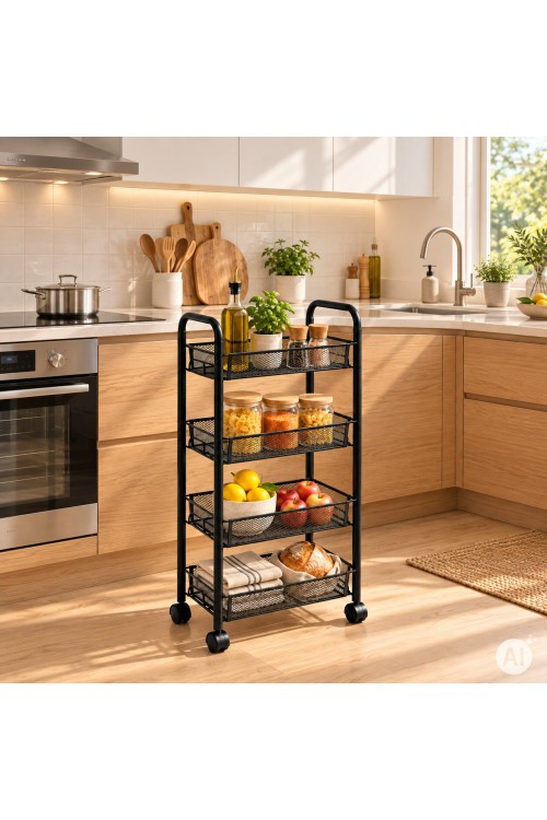 Metalowy regał mobliny organizer łazienkowy kuchenny z 4 półkami kółka czarny ModernHome