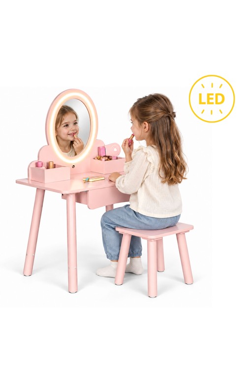 Drewniana toaletka dziecięca lustro LED szuflada taboret 6 akcesoriów różowa ECOTOYS