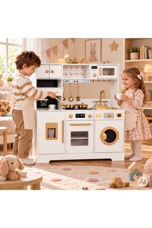 Drewniana duża kuchnia dla dzieci ekspres do kawy kostkarka do lodu akcesoria biała ECOTOYS