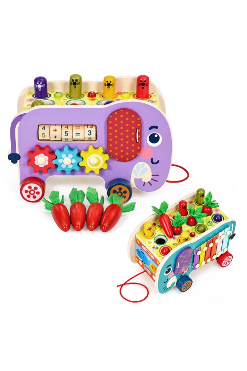 Drewniana kostka edukacyjna słonik 8w1 wózek sorter cymbałki łowienie robaczków ECOTOYS